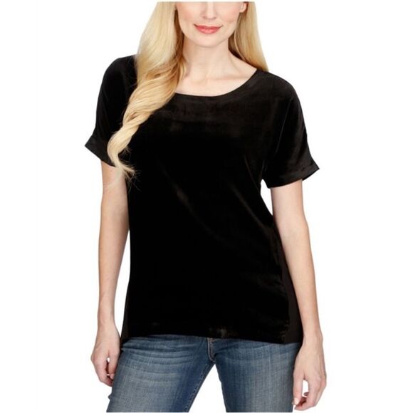 Lucky Brand Black Velvet 1/2 Zip Up Back Short Sleeve Top - Picture 1 of 13